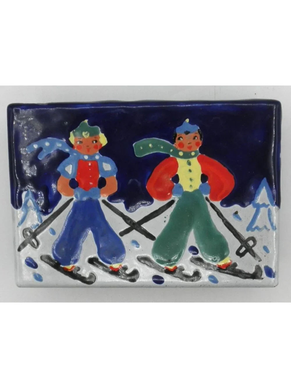 VTG Rectangular Enamel Over Metal Trinket Dresser Box Skiers FLAW CHIPPED ENAMEL